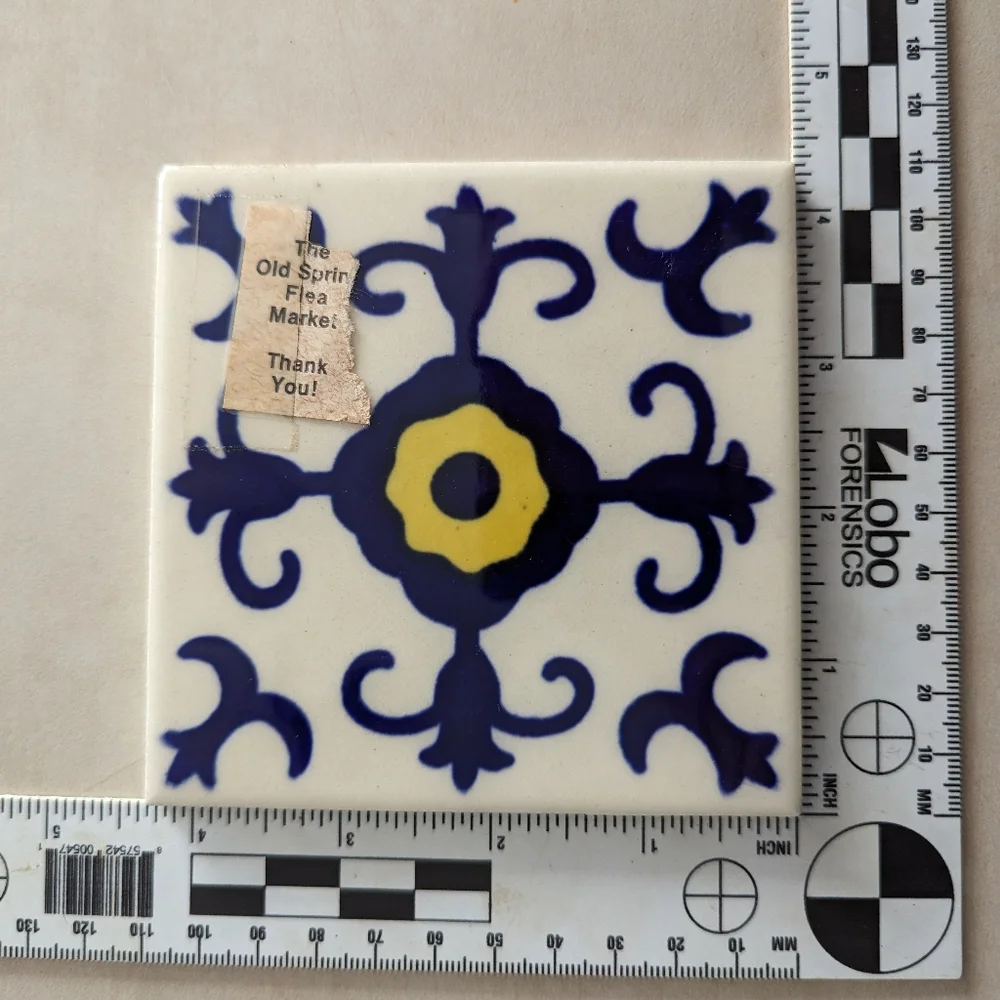 2 Mexican Dal-Tile Clay Tile Folk Art 4 x 4 Blue & Yellow